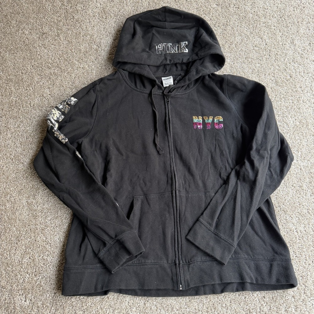 PINK Victoria's Secret Hoodie Womens Large Black Fleece NYC Sequin Graphic Zip